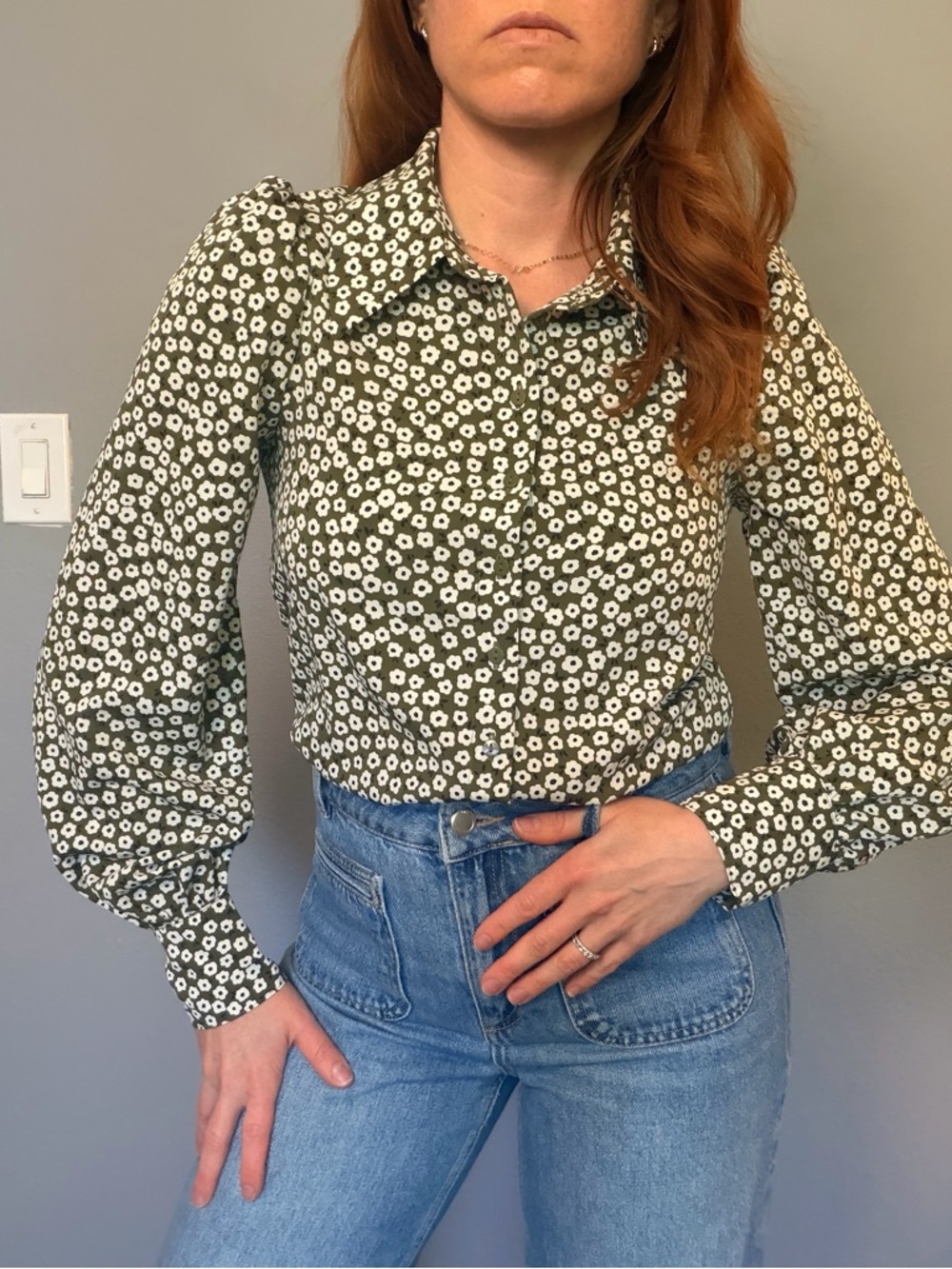 Monki Olive Green Floral Button-Front Shirt